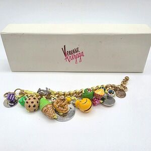 Venessa Arizaga Women Gold Tone Neon Yellow Food‎ & Fun Mixed Charm Bracelet Box